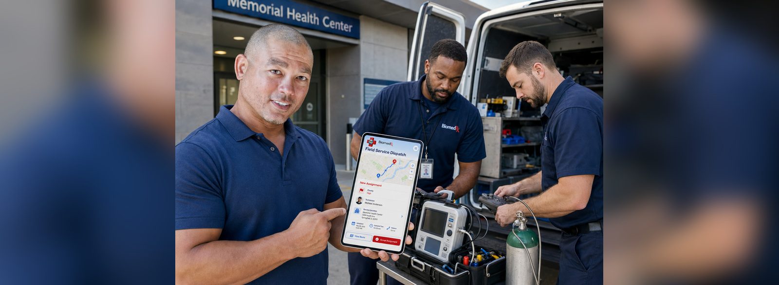 Field service dispatch | BiomedRx App Field service dispatch assignment accepted in the BiomedRx App at a medical equipment service van