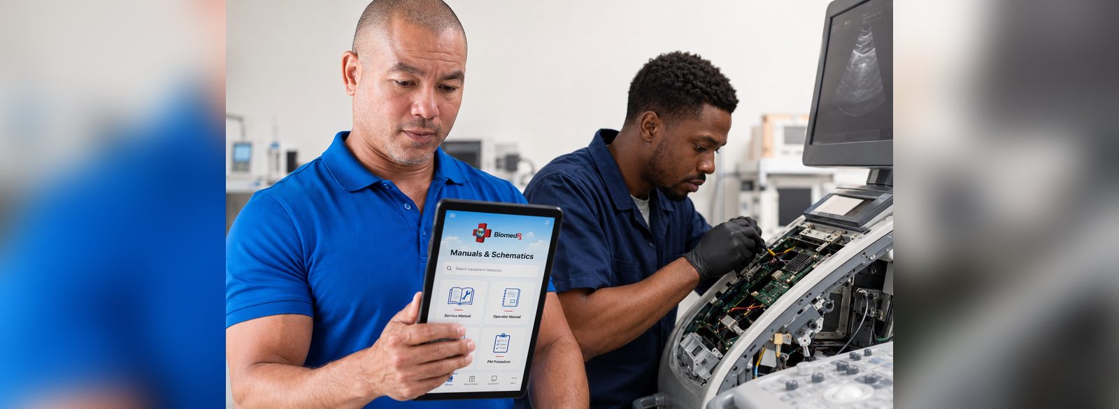 Ultrasound schematics and board-level repair | BiomedRx App Wiring schematics open in the BiomedRx App during a board-level ultrasound system repair