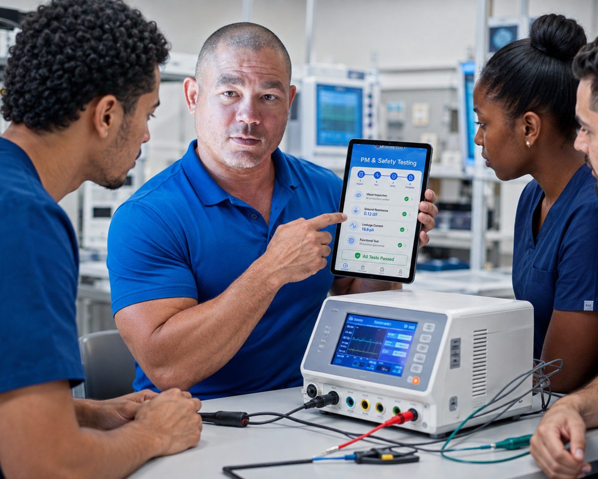 Technician pointing at the BiomedRx app PM and safety testing checklist next to an electrosurgical unit under test Technician pointing at the BiomedRx app PM and safety testing checklist next to an electrosurgical unit under test
