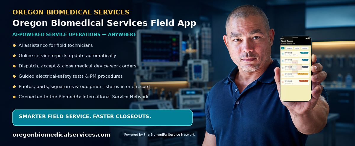 Oregon Biomedical Field — AI-powered field-service mobile app; automatic online service reports, work-order dispatch, and closeout