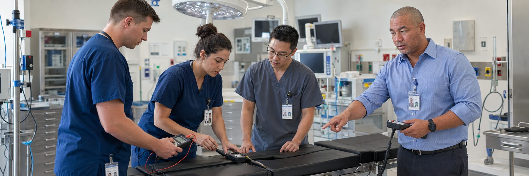 Biomedical equipment technicians training on anesthesia machine service procedures