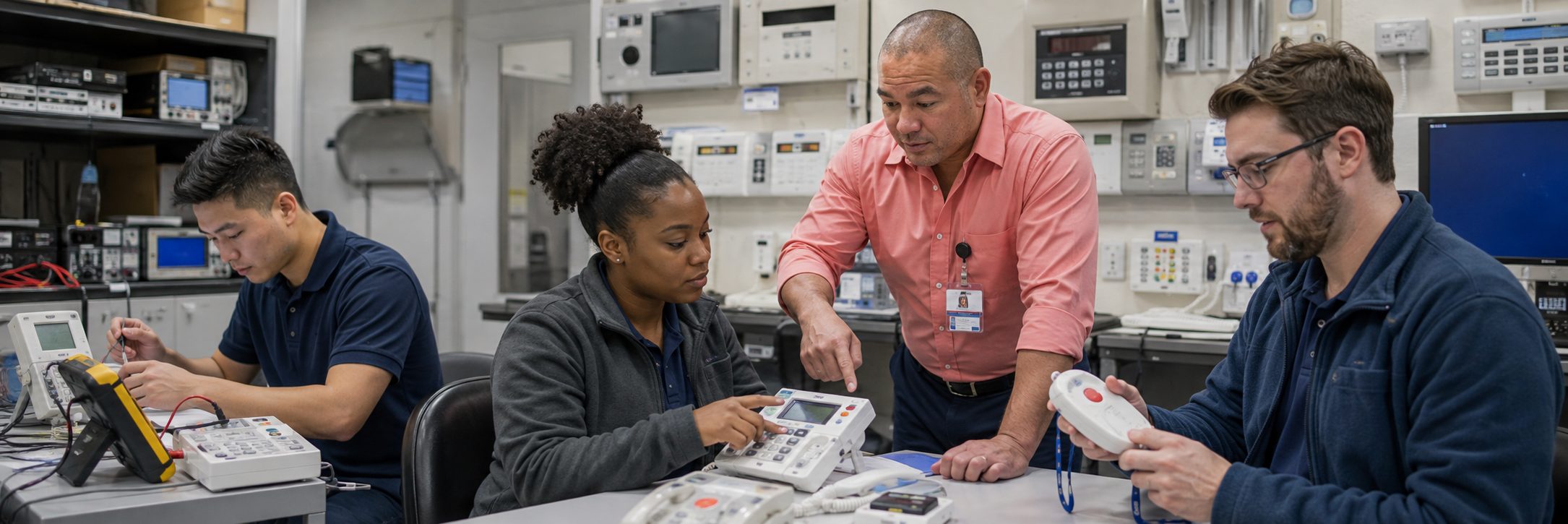 Infusion pump preventive maintenance and calibration | BiomedRx HTM services Biomedical technicians performing infusion pump preventive maintenance in an infusion suite