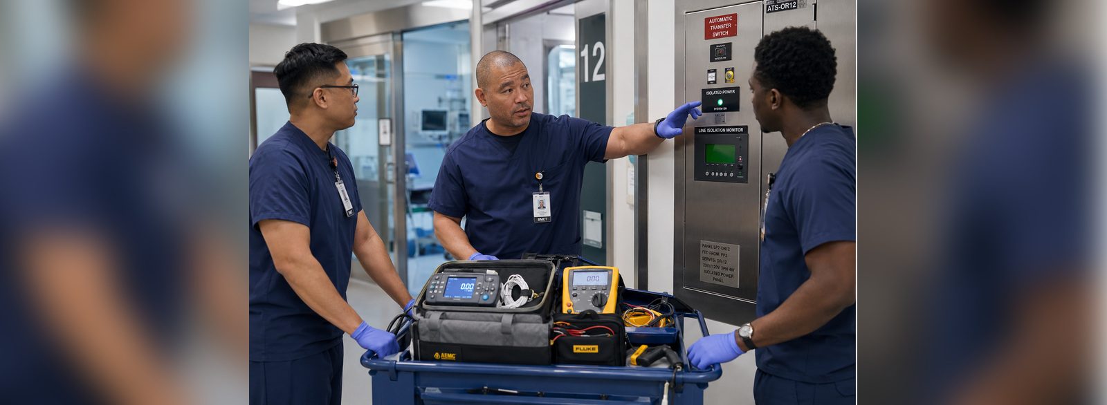 Full isolated power certification toolkit staged at an operating room line isolation monitor