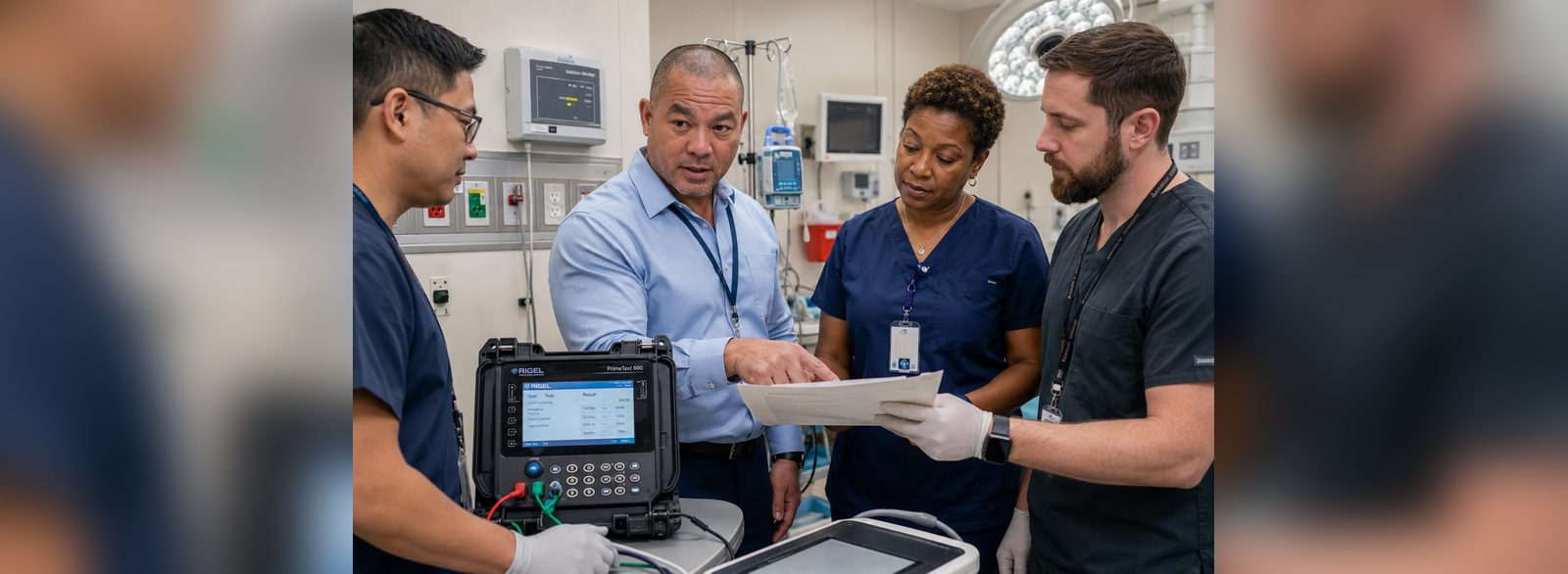 Isolated power test report reviewed with clinical staff beside the electrical safety analyzer